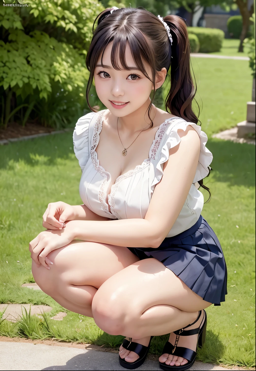 ((8K、32K、Raw photography、top-quality、masterpiece:1.3))、((realisitic、Photorealsitic:1.38))、(profetional lighting、Illuminate the front of the subject)、Sony A7R4、Zessie 50mm f1.8、Photo of one person、独奏、one japanese woman、beautiful mature lady、Age is 50 years、Born in the 1970s、cute little、Light makeup、Keep your real face、((Under the blue sky:1.3))、((On the lawn of the park:1))、((Spread your legs for your audience:1.67))、((Do not stick both hands in the crotch:1.7))、((Sitting on the lawn:1.8))、((Sensational provocative pose:1.27))、(dark hair on the head)、(Virgin female genitalia perfectly visible for your audience)、((Do not hide your crotch with both hands:1.5))、(Pubic hair that grows only a little)、((exposed breast))、((Breast size is B cup:1))、Happy bright smile、(blush of the nose)、((A smile:1.26))、seducting smile、(Beautiful Detail Eye、Tear bag、二重まぶた)、((Maid costume with body lines made of highly transparent stocking fabric and crisp ballet uniform fluttering、White or light purple fabric))、((Short fluttering skirt with highly transparent stocking fabric、White or light purple fabric))、(twintails hairstyle:1.35)、((Floating hair:1))、(I wear sneakers on my left and right legs)、