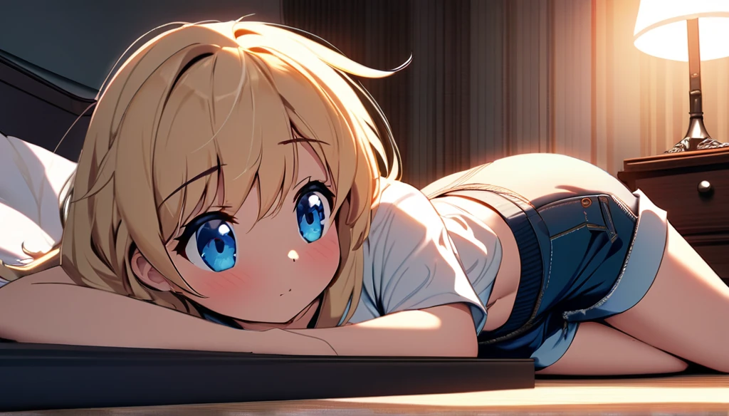((anime onichichi art, masterpiece, 4k, extreme quality)).
The year is 2024. The theme is supernatural. The setting is a 25m² room, the walls are white, the ceiling has friezes with 3000k LED that completely illuminates the setting, the floor is wooden, there is a wooden double bed with a light pink cover, a wooden nightstand next to. There is a girl, she is lying on the bed, she is , focus of scene, short height(short:1.7), blonde(long:1.9) hair(bright:1.9) messy, blue eyes(bright:1.9), face wonderful, thin body (thin: 1.9), large and round breasts, thin waist (thin: 1.9), large and round ass, wide hips, slender thighs, wearing shorts (short: 1.4) jeans with an open zipper, wearing a t-shirt (short:1.4) white, she is embarrassed. The atmosphere is sensual and mysterious. full view of the scene.