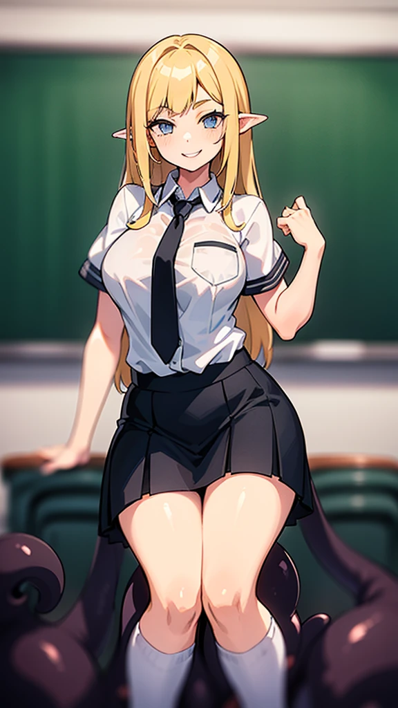 ((1girl ,20s,mature female,teen)),happy face,white shirt,short sleeves,(black standard tie),white school skirt,blonde hair,long hair,(classroom),shoggoth,body horror