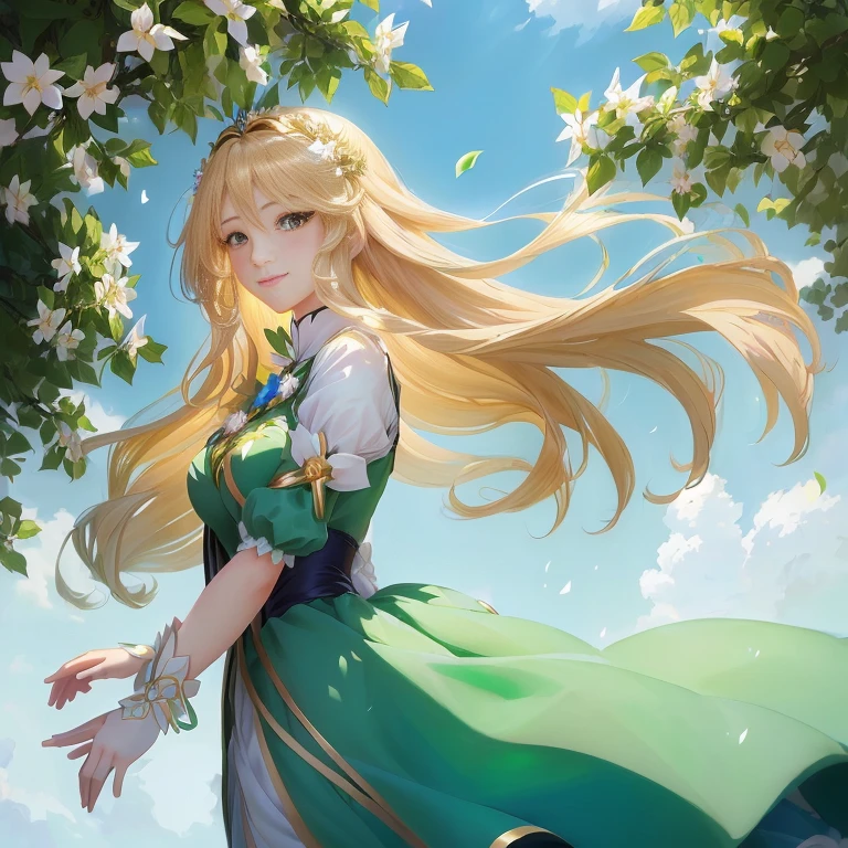 anime girl with long blonde hair and green dress standing in front of a tree, smiling as a queen of fairies, blonde anime girl with long hair, marin kitagawa fanart, violet evergarden, anime girl with long hair, lady palutena, cute anime waifu in a nice dress, ayaka genshin impact, beautiful anime portrait