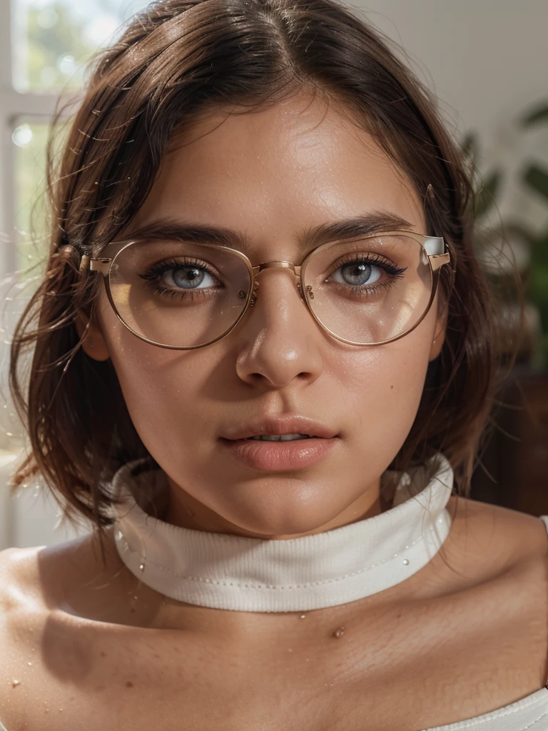 a beautiful detailed girl, 1girl, wearing white crop top and shorts, beautiful detailed eyes, beautiful detailed lips, extremely detailed face, long eyelashes, aviator frame prescription glasses, living room background, sunlit room, thick thighs, photorealistic, 8k, highres, masterpiece, ultra-detailed, hyperrealistic, cinematic lighting, vibrant colors, cleavage, 