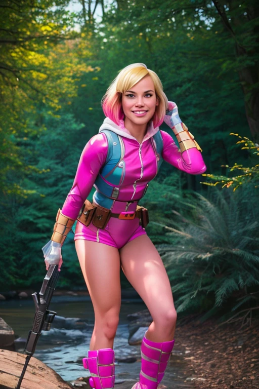 ((ultra quality)), ((masterpiece)), (GwenPool:1), ((18-Years-Old:1.2)), ((blonde hair, multicolored hair, blue eyes)),(superhero, bodysuit, pink leotard, belt, gun, gloves, belt pouch, hood:1), looking at viewer with a snarky grin, expressive, action pose, leaning forward, (dynamic_angle:1), (dynamic_pose:1.2), (masterpiece:1.2), (best quality, highest quality), (ultra detailed), (8k, 4k, intricate),(full body:1), (Cowboy shot:1.2), (50mm), (highly detailed:1.2),(detailed face:1.2), detailed_eyes,(gradients),(ambient light:1.3),(cinematic composition:1.3),(HDR:1),Accent Lighting,extremely detailed,original, highres,(perfect_anatomy:1.2), background: beautiful forest near the river, ((depth of field)), ((high quality clear image)), (clear details), ((high detail)), realistically, professional photo session, ((Clear Focus))
