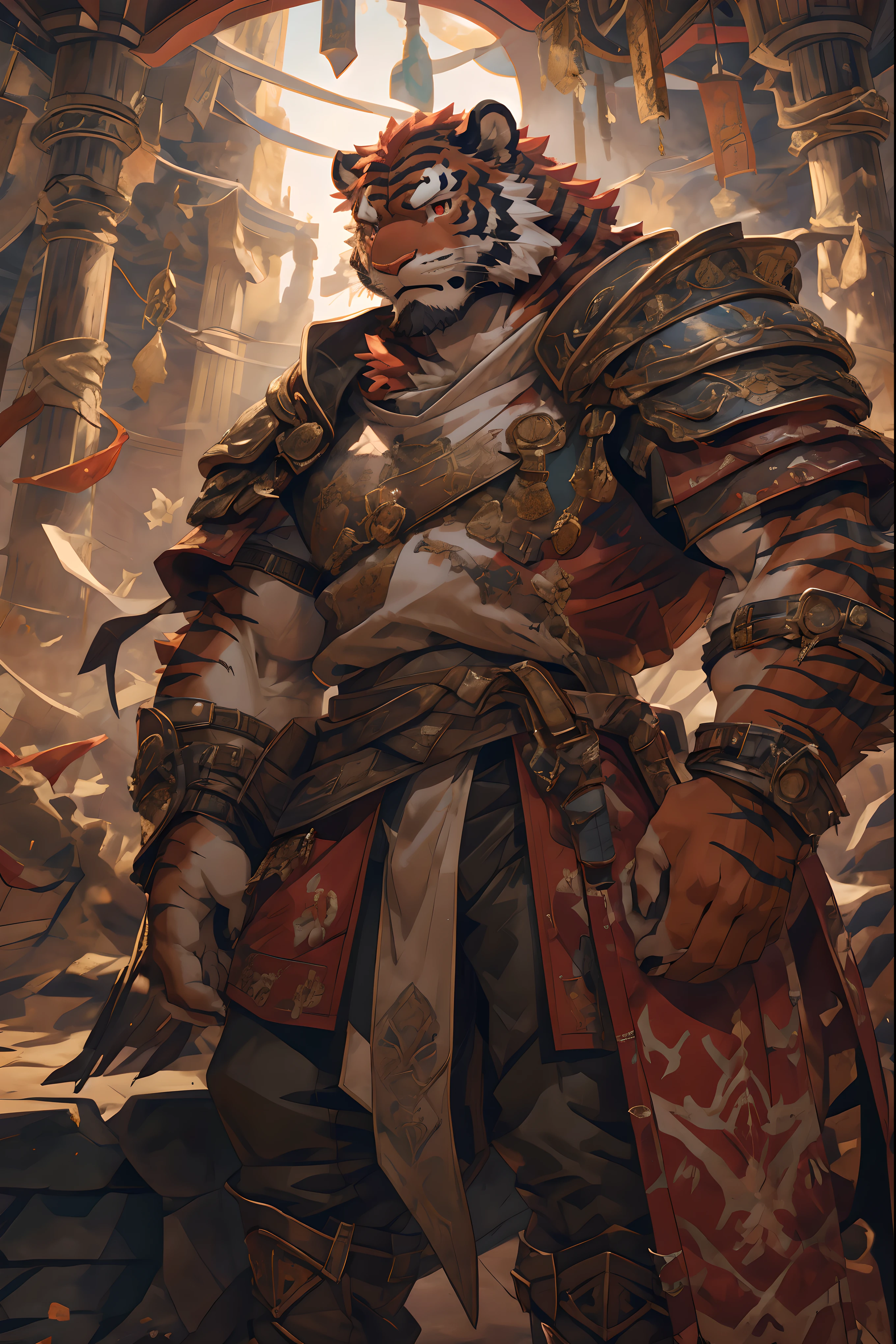(Red tiger),(Crimson Fire Military Commander Tabard),(Holding a long sword),Awesome posture,Sitting quietly on the edge of the cliff,(The background is a city with bright lights.:1.2),Abdominal muscles,A perfect masterpiece,Various facial details,Close-up view,specific description,masterpiece,cg,(Red eyes),Crimson pattern,Crimson tail,Military commander,Heroic,tiger,Crimson fur,Detailed facial details,),(Half Body),(Long feather),((middle aged)),(Face Focus:1.3),(16K),HD,Red and white abdomen,temple,beard,(Face lines),heterochromia,(Red battle robe),(Crimson hair),Strong,muscle,(high resolution:1.3),