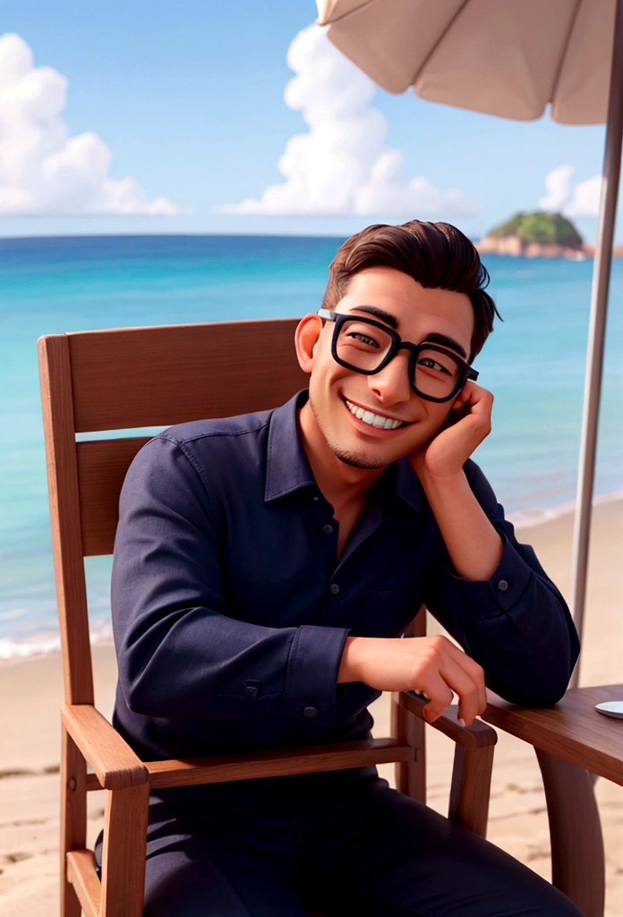 man with black glasses and blue shirt, Grinning, sitting on a beach chair