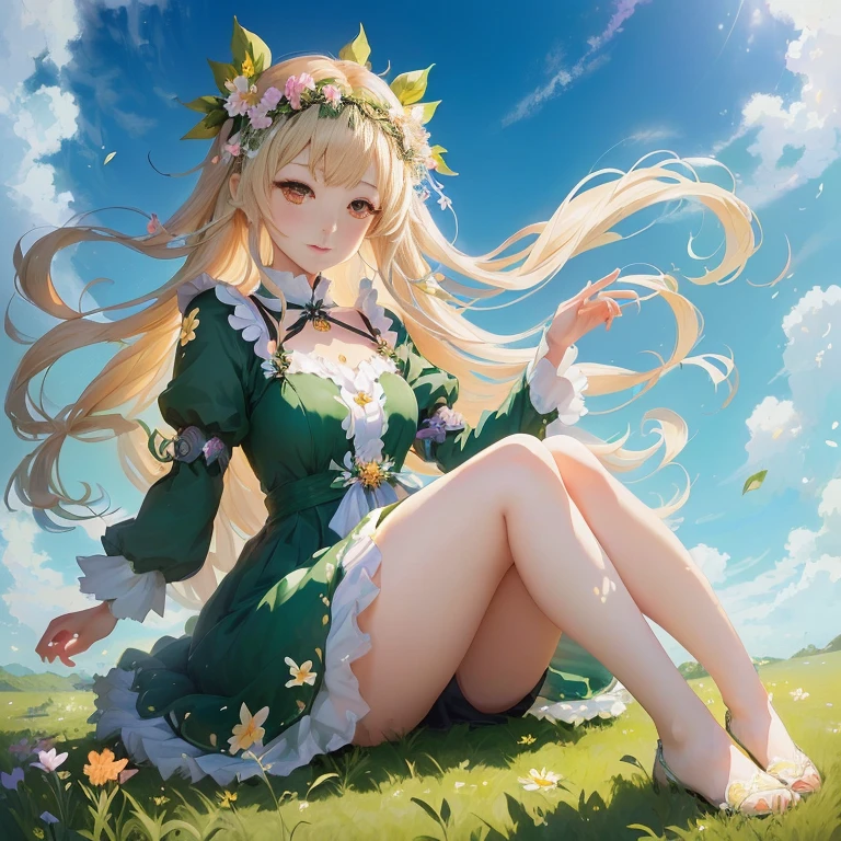 anime girl sitting on grass with flowers in her hair, loli in dress, goddess of nature, goddess of summer, guweiz on pixiv artstation, goddess of spring, queen of nature, cute anime waifu in a nice dress, anime goddess, zerochan art, guweiz on artstation pixiv,