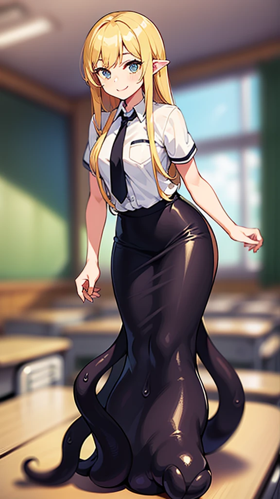 ((1girl ,20s,mature female,teen)),happy face,white shirt,short sleeves,(black standard tie),white school skirt,blonde hair,long hair, full body, classroom,shoggoth, body horro