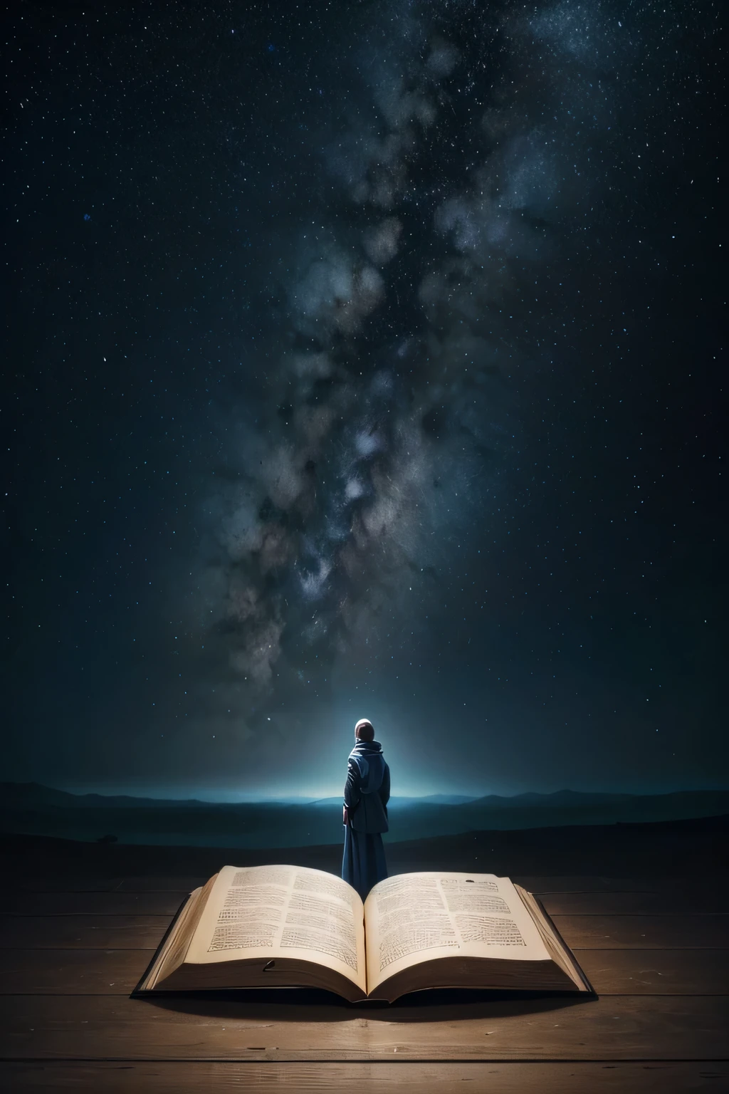create for me an image related to the biblical niche that has a bible, the universe, the sky and a person with appearance and clothing referring to the time of Christ
