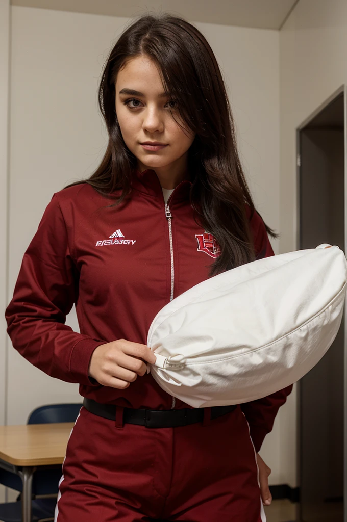 a mascot for a student university with dark red uniform with a writing MKS