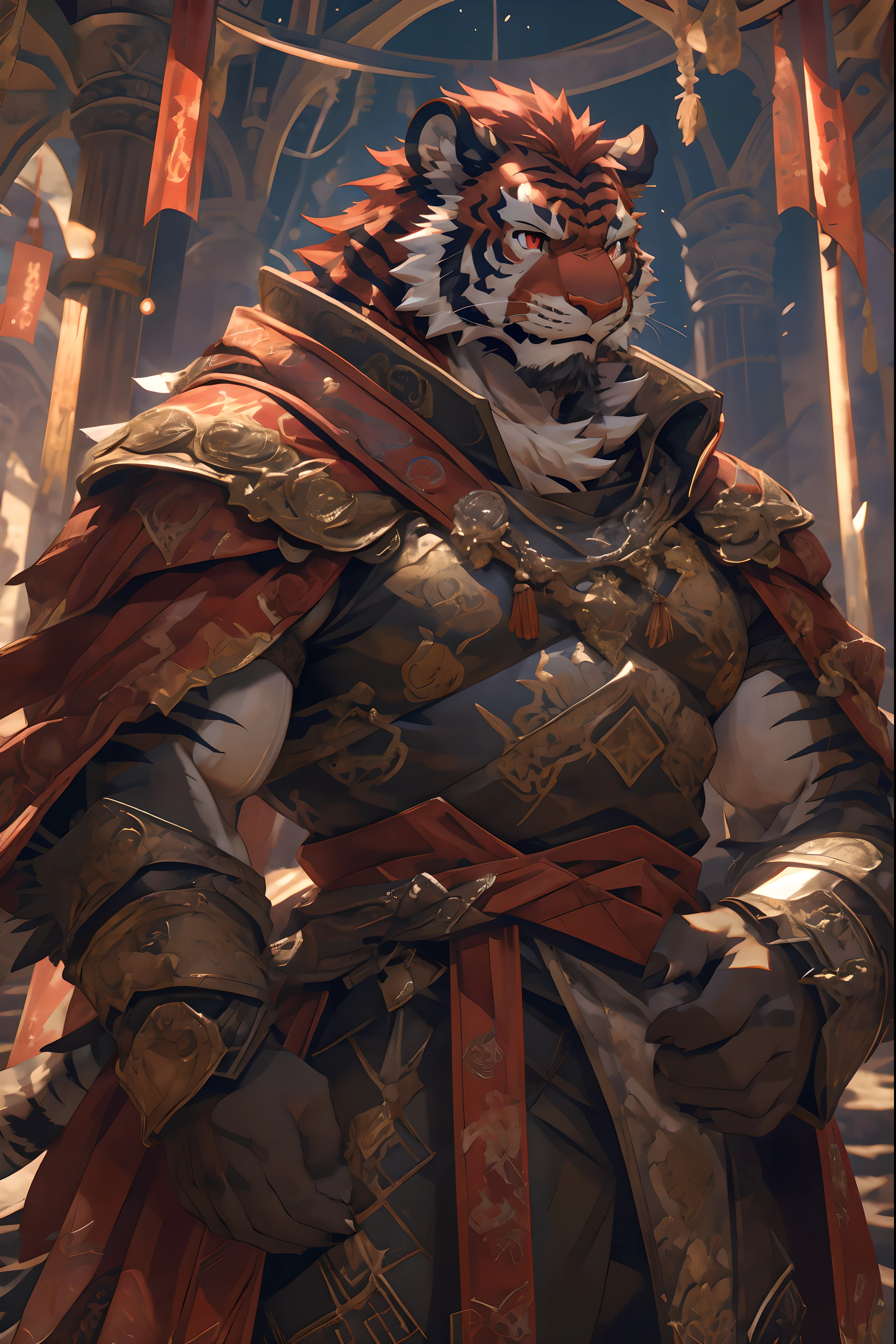 (Red tiger),(Crimson Fire Military Commander Tabard),(Holding a long sword),Awesome posture,Sitting quietly on the edge of the cliff,(The background is a city with bright lights.:1.2),Abdominal muscles,A perfect masterpiece,Various facial details,Close-up view,specific description,masterpiece,cg,(Red eyes),Crimson pattern,Crimson tail,Military commander,Heroic,tiger,Crimson fur,Detailed facial details,),(Half Body),(Long feather),((middle aged)),(Face Focus:1.3),(16K),HD,Red and white abdomen,temple,beard,(Face lines),heterochromia,(Red battle robe),(Crimson hair),Strong,muscle,(high resolution:1.3),