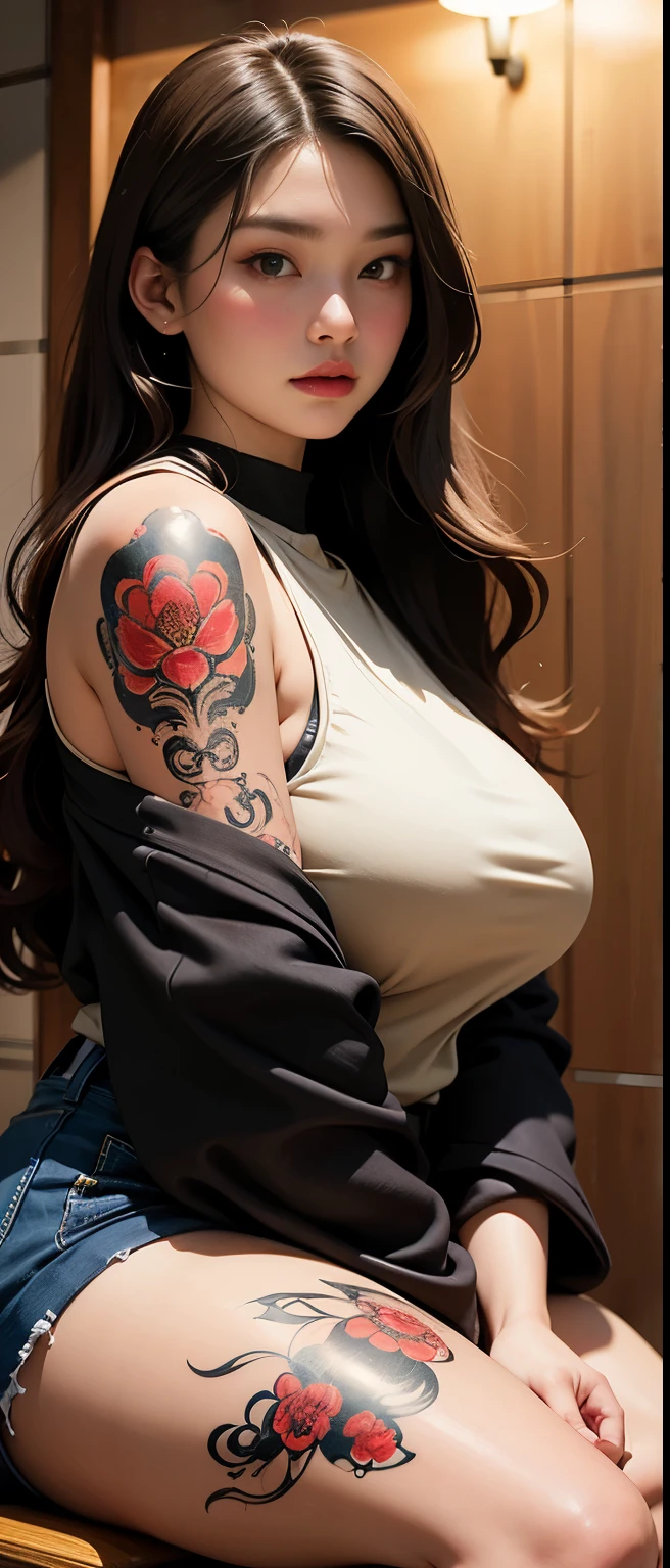 there is a woman sitting down with a longest brown hair, bbwchan, thicc, brown hijab outfit, brown hairstyle model, korean girl, korean woman, wearing brown robe, full length shot, alluring plus sized model, japanese goddess, clothed in hooded, voluptuous and arousing, portrait shot, curvy model, voluptuous body, wonderful, nene tanaka body , bbwchan, The overall atmosphere is smooth , haunting illustrations, extremely high-resolution details, photographic, realism pushed to extreme, fine texture, 4k, ultra-detailed, high quality, high contrast, red sneakers , cold atmosphere ,, cold atmosphere ,, ((Detailed texture of tattooed skin)), tattoo round breasts, irezumi tattoo style, tattoo on breasts, tttattoo, showing her thigh , tattoo on thigh, a close up of a woman with tattoos on her body, inked, tattooed body, fully tattooed body, tattooed, full-body tattoos, full - body tattoos, , full body tattoo, with tattoos, , tattoos, tattoos all over the skin, tattoos and piercings, ((Neka: 0.45)) LoRA, {{Big brother's tattooed woman Iremuzi tattoo style v1.0: 0.91}},, ((BohoAI v1.0 : 0.45))