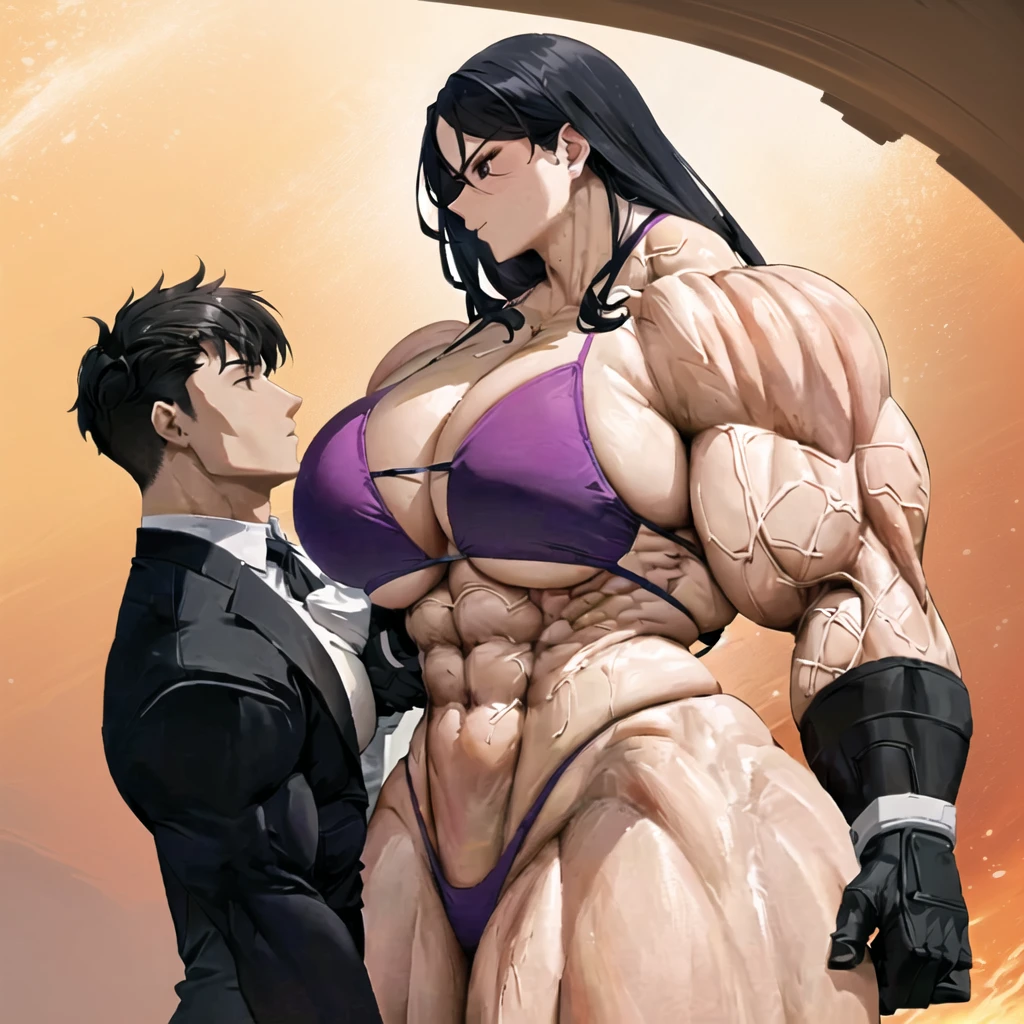 a close up of a cartoon of a woman in a bikini and a man in a suit, muscular!!, muscular!! sci-fi, muscular characters, muscular girl, muscular ultraviolent woman, powerful and huge, strong and imposing, massive muscles, muscular!, muscular! fantasy, exaggerated physique, oppai proportions, commission for high res, most strongest pose