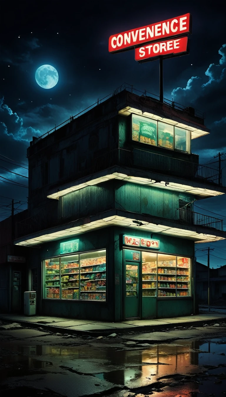 Midnight convenience store，Pitch black sky，Wasteland，，desolate，fear，Weird，mystery，dark