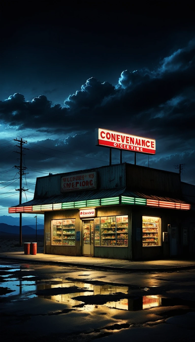 Midnight convenience store，Pitch black sky，Wasteland，，desolate，fear，Weird，mystery，dark
