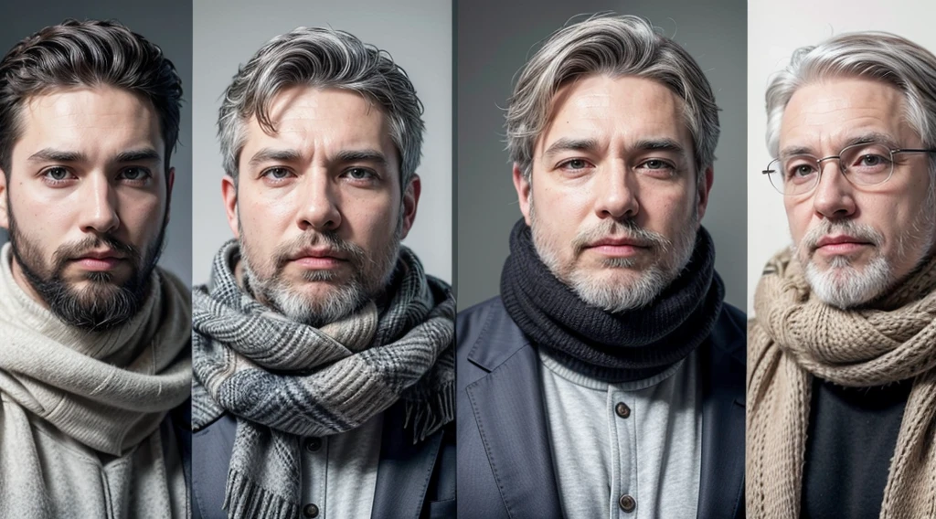 bushy man with a beard and scarf, gray hair and beard, 53 years old man with dark gray hair, some gray hair in his beard, short white beard, Gray beard, silver hair and beard, he has a beard and gray hair, gray beard , well-groomed white beard and hair, white hair and beard, trimmed gray beard, middle-aged man various poses in each frame and different clothes