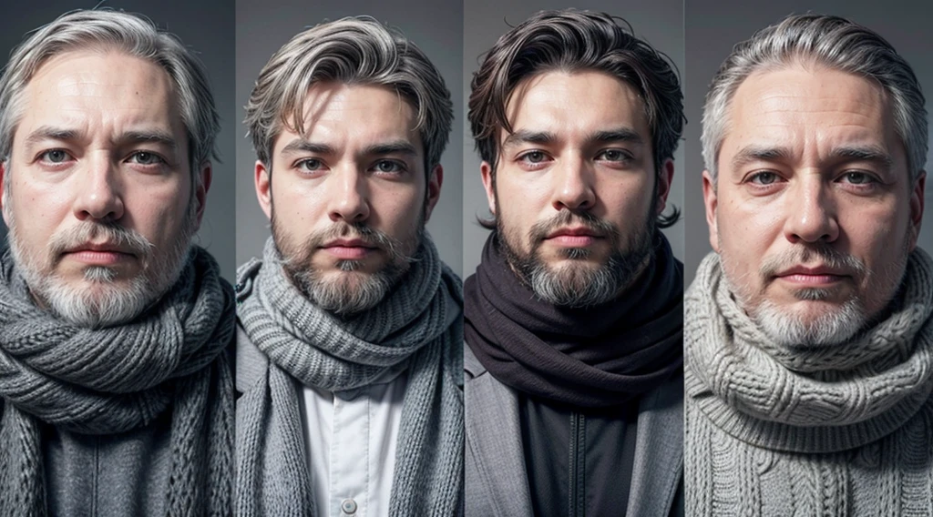 bushy man with a beard and scarf, gray hair and beard, 53 years old man with dark gray hair, some gray hair in his beard, short white beard, Gray beard, silver hair and beard, he has a beard and gray hair, gray beard , well-groomed white beard and hair, white hair and beard, trimmed gray beard, middle-aged man various poses in each frame and different clothes