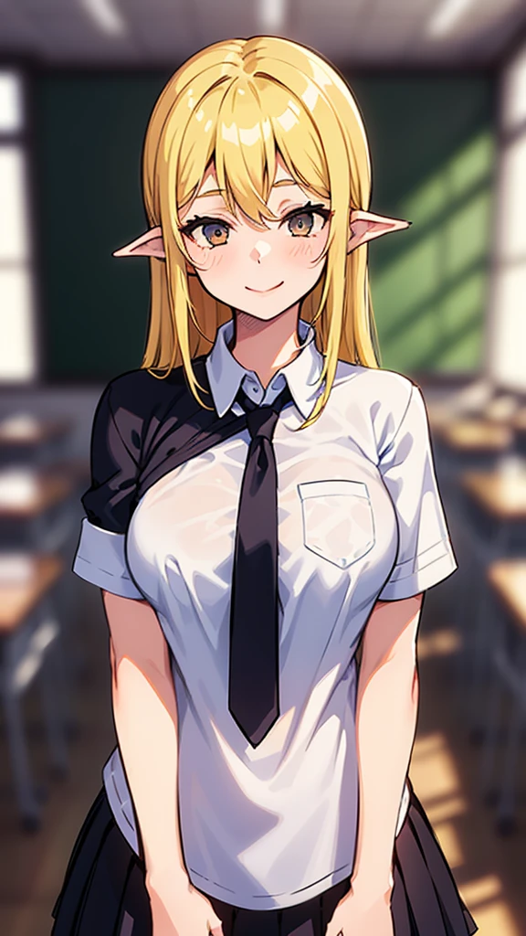 ((1girl ,20s,mature female,)),happy face,white shirt,short sleeves,(black standard tie),white school skirt,blonde hair,long hair,(classroom),shoggoth,body horror,upper body