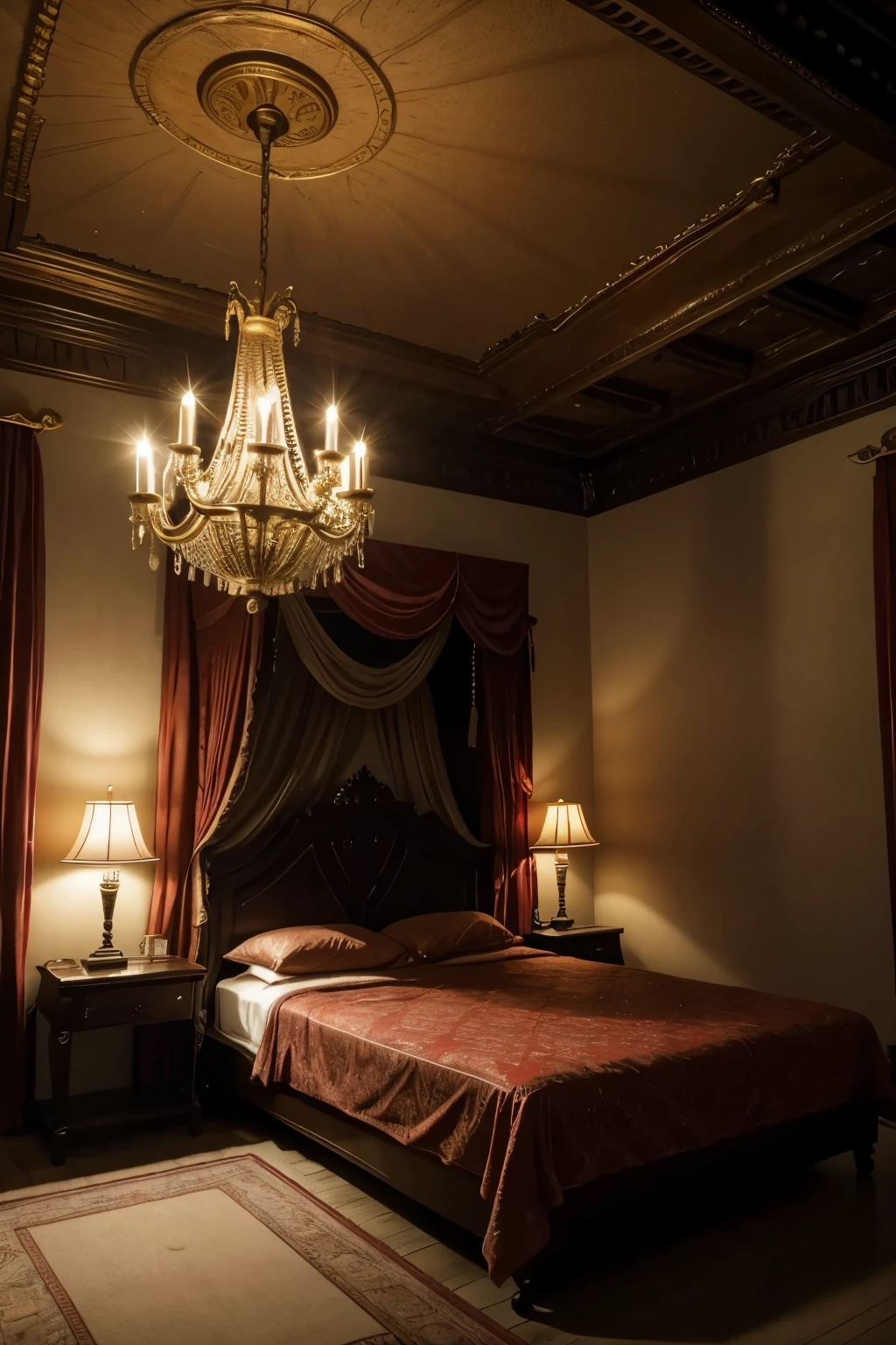 The interior of a room in a castle, at night with gold and red colors in the background