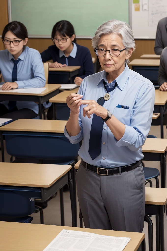 An elderly teacher, ranzinza, gray-haired, blue social shirt, gray dress pants, glasses and badge teaching class, boring all the students