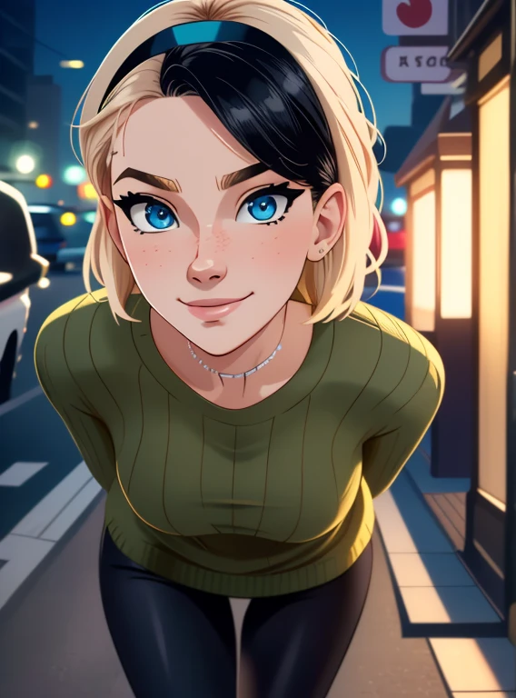 ((ultra quality)), ((masterpiece)), a woman looking at the viewer, expressive, (Gwen Stacy:1.1), (18-Years-Old:1.2), platinum blonde hair, bright blue eyes, black hairband, olive green sweater, black leggings, black heels, holding a handbag, smile, walking in new york, looking at viewer, cute pose, leaning forward, (dynamic_angle:1), (dynamic_pose:1.2), (masterpiece:1.2), (best quality, highest quality), (ultra detailed), (8k, 4k, intricate),(full body:1), (Cowboy shot:1.2), (50mm), (highly detailed:1.2),(detailed face:1.2), detailed_eyes,(gradients),(ambient light:1.3),(cinematic composition:1.3),(HDR:1),Accent Lighting,extremely detailed,original, highres,(perfect_anatomy:1.2), (intricate background:1.1), ((depth of field)), ((high quality clear image)), (clear details), ((high detail)), realistically, professional photo session, ((Clear Focus))
