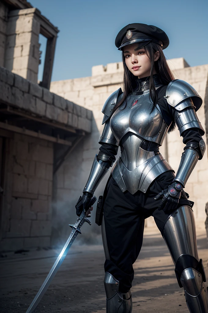 In a futuristic battlefield, a warrior woman adorned in medieval armor and a beret smiles confidently, wielding a gleaming sword. Beside her, a sleek robot stands, ready for battle, while a knight in shining armor approaches from the distance, blending elements of past and future warfare.