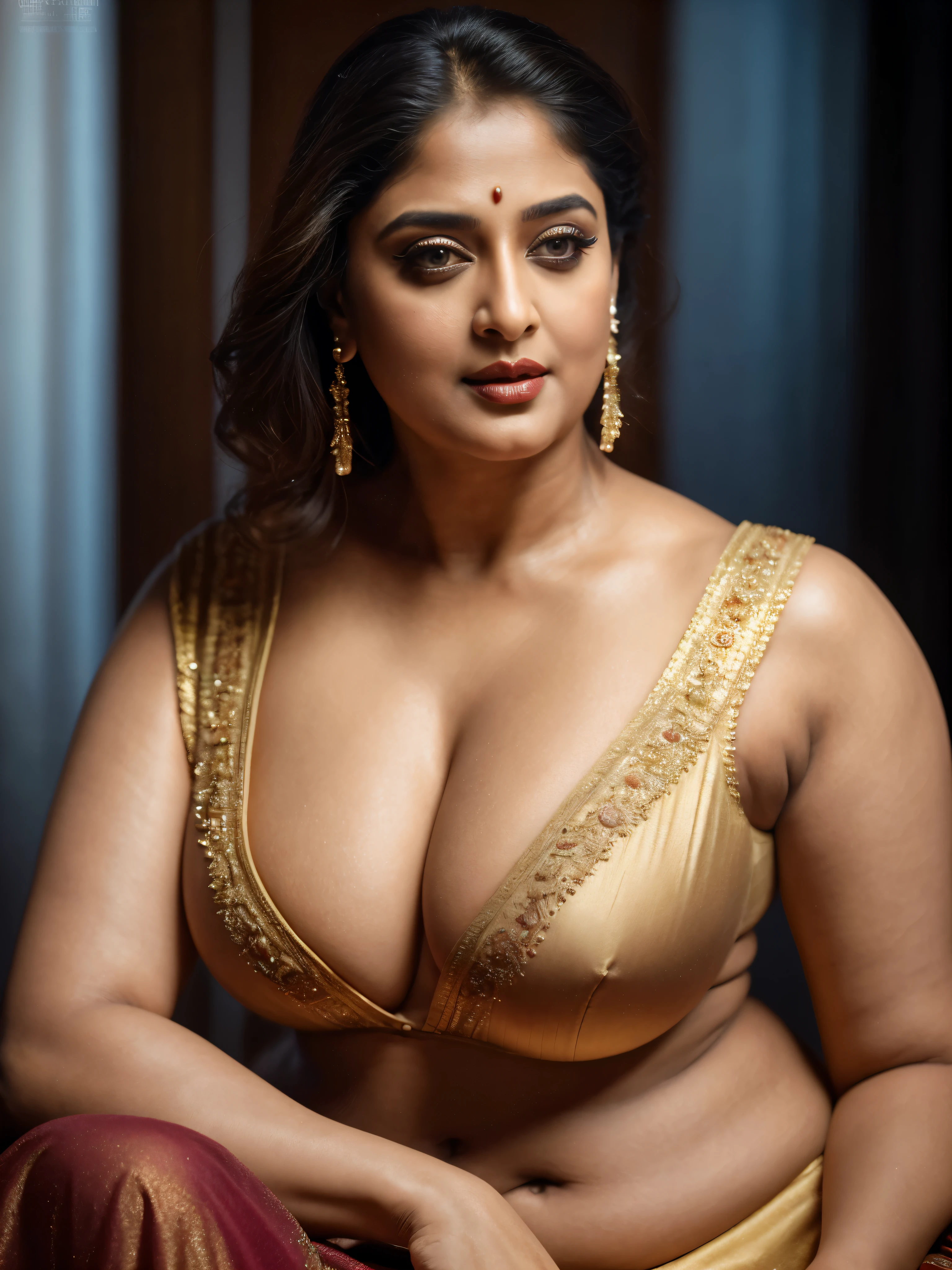 50yo mature MILF Anushka Shetty,((best quality)), ((masterpiece)), ((realistic)), eye kajal, mascara, red lips, sensual Beauty, mommy, full figured mommy, provoking body, extreme sweat, sweat soaked skin, slight stretch marks, alluring figure, bulging figure, thick charming lady, curvy, thick navel, full figured woman, eye kajal, massive breast, full body, styled hair, pierced eyes, female face,royal aura, trend on artstation , sharp focus, studio photo, intricate detail, very detailed, detailed eye, illustration, very detailed, sharp focus, digital render, professional, 4k