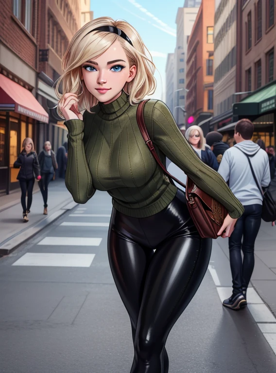 ((ultra quality)), ((masterpiece)), a woman looking at the viewer, expressive, (Gwen Stacy:1.1), (18-Years-Old:1.2), platinum blonde hair, bright blue eyes, black hairband, olive green sweater, black leggings, black heels, holding a handbag, smile, walking in new york, looking at viewer, cute pose, leaning forward, (dynamic_angle:1), (dynamic_pose:1.2), (masterpiece:1.2), (best quality, highest quality), (ultra detailed), (8k, 4k, intricate),(full body:1), (Cowboy shot:1.2), (50mm), (highly detailed:1.2),(detailed face:1.2), detailed_eyes,(gradients),(ambient light:1.3),(cinematic composition:1.3),(HDR:1),Accent Lighting,extremely detailed,original, highres,(perfect_anatomy:1.2), (intricate background:1.1), ((depth of field)), ((high quality clear image)), (clear details), ((high detail)), realistically, professional photo session, ((Clear Focus))
