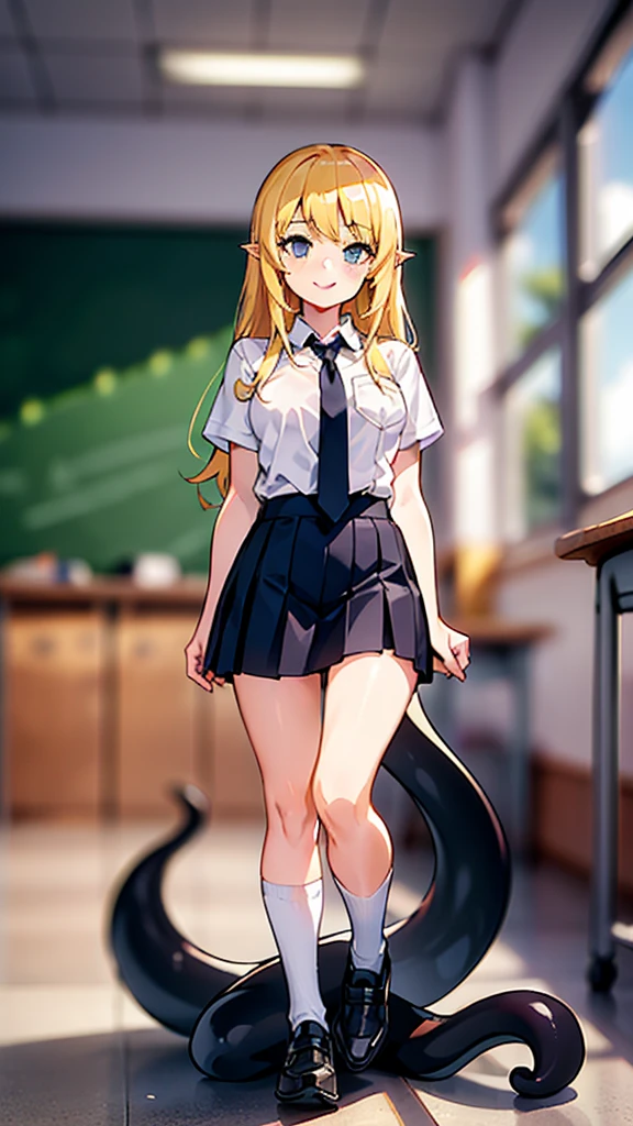 ((1girl ,20s,mature female,)),happy face,white shirt,short sleeves,(black standard tie),white school skirt,blonde hair,long hair,(classroom),shoggoth,full body