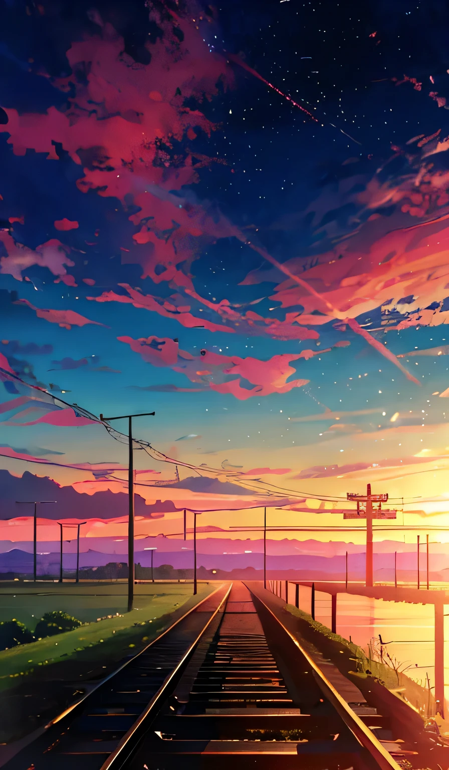 Anime train crossing track in sky background, beautiful and harmonious scene, exquisite animation, rich details (width is 672), high quality, clarity 4k, artistic 4k wallpaper, stunning anime landscape, 8k art wallpaper.