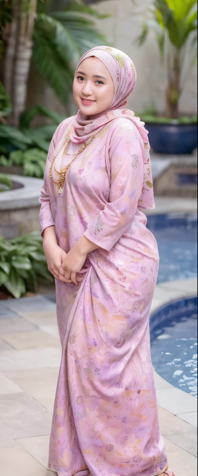 Beautiful, cute , 21 Years old indonesian girl, ((wearing batik hijab)) and full naked, Rounded medium Breast, slightly chubby, open breast, nipple, nude, perfect pussy, slightly Chubby , luxury necklace, White Skin, Smiling, flower garden Background, day light,mid shot, full body, Perfect Potrait, Bokeh Effect, Look at Viewer, small breast, ((adorable:1.2)), ((masterpiece:1.1)), ((bokeh:1.2))