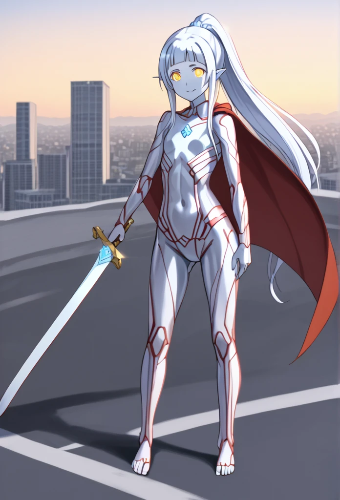 1girl, solo, anime style, 4k quality, masterpiece, best quality, sword art online, yui, long hair, blunt bangs, white hair, very long hair, high ponytail, pointy ears, elf, barefoot, ultrawoman, robot, colored skin, glowing eyes, yellow eyes, flat chest, giantess, giant, metallic face, metallic skin, shiny skin, chrome skin, gem on chest, colour timer on chest, chest jewel, blue jewel, muscular, abs, Female Bodybuilding Style, muscle shoulder, leg muscles, thick_thighs, looking at viewer, full body, smile, closed mouth, standing, giantess, outdoor, city, citycape, skyscraper