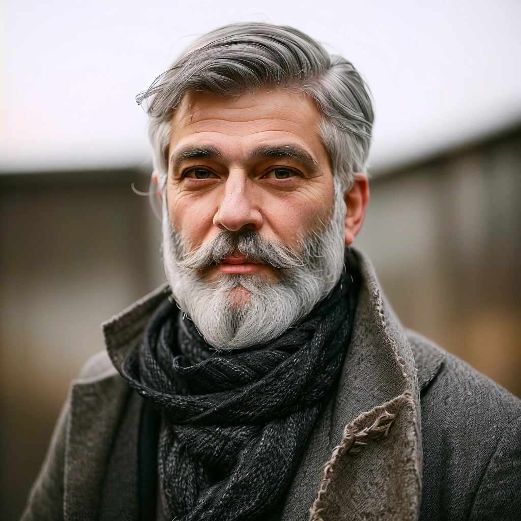 bushy man with beard and scarf, gray hair and beard, dark grey haired man, some grey hair in beard, short white beard, greybeard, silver hair and beard, he has a beard and graying hair, greybeard, well-groomed white beard and hair, white hair and beard, greybeard aparada, midle age man