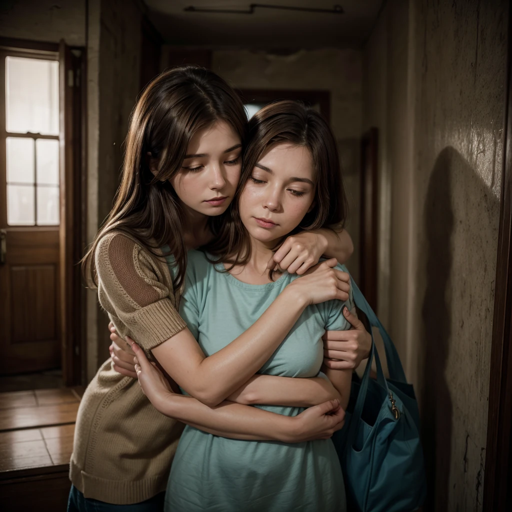 young woman with brown hair and her older mother hugging each other worriedly in a dark apartment in an old building. the younger woman uses an old bag full of papers