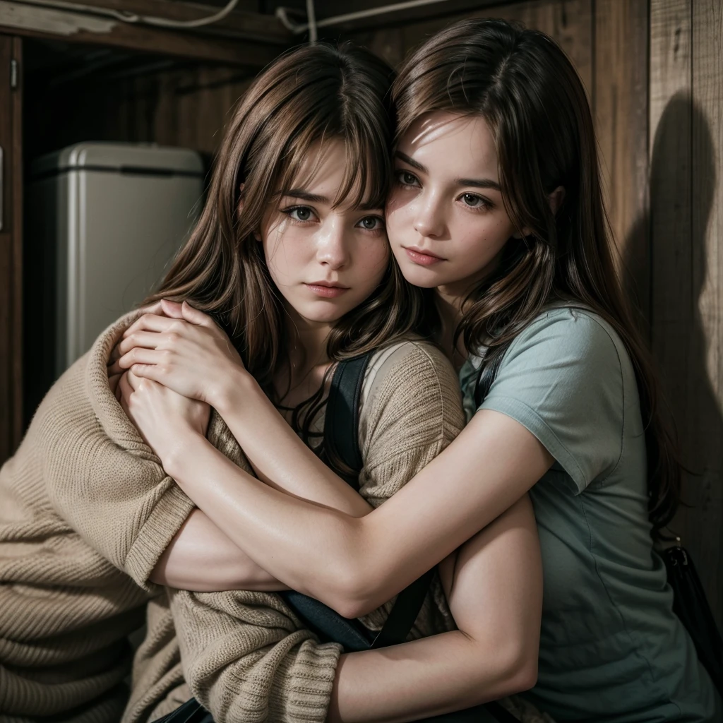 young woman with brown hair and her older mother hugging each other worriedly in a dark apartment in an old building. the younger woman uses an old bag full of papers