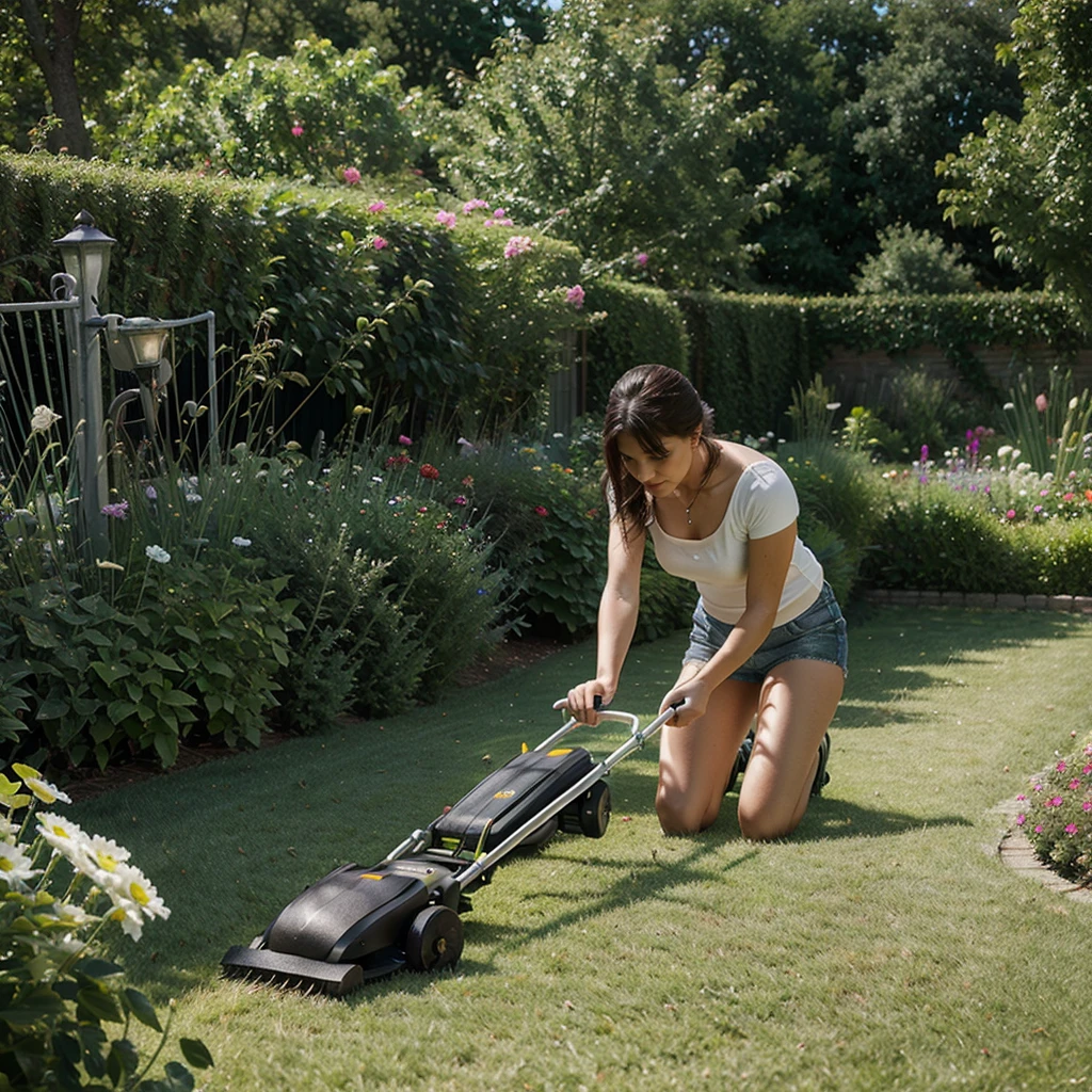 Cutting the grass beautiful garden brush cutter