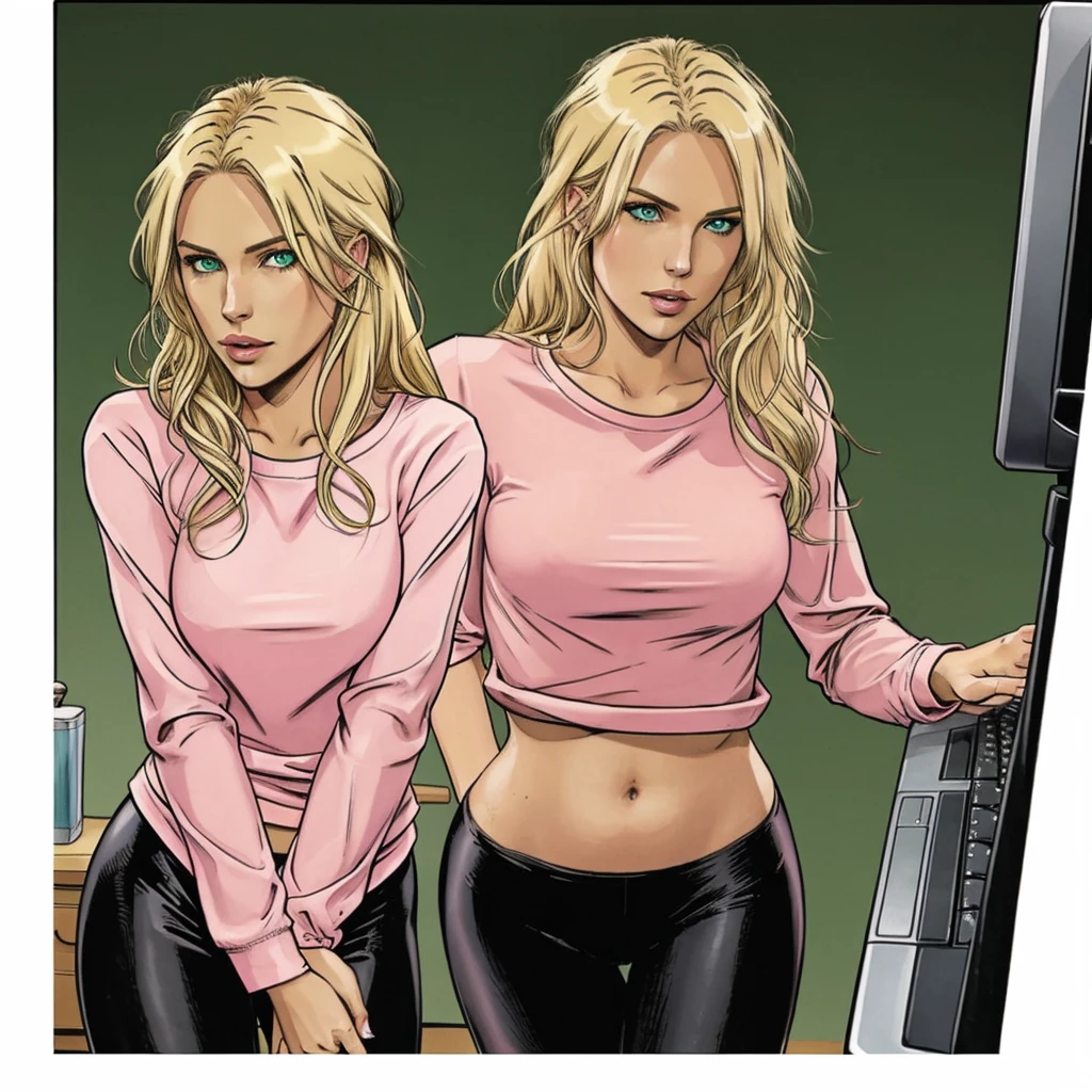 one person, sexy female blond character, green eyes, pink long-sleeve T-shirt, black leggings, playing on computer