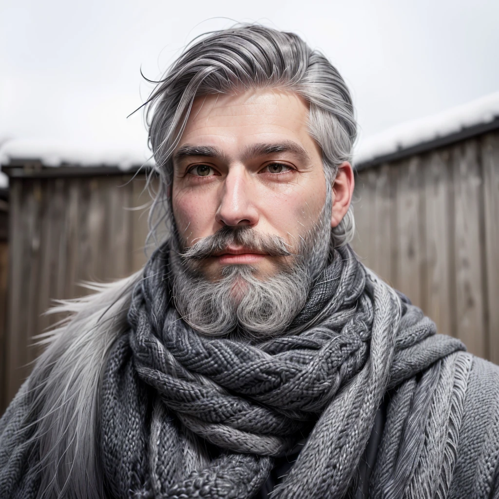 bushy man with beard and scarf, gray hair and beard, dark grey haired man, some grey hair in beard, short white beard, greybeard, silver hair and beard, he has a beard and graying hair, greybeard, well-groomed white beard and hair, white hair and beard, greybeard aparada, midle age man