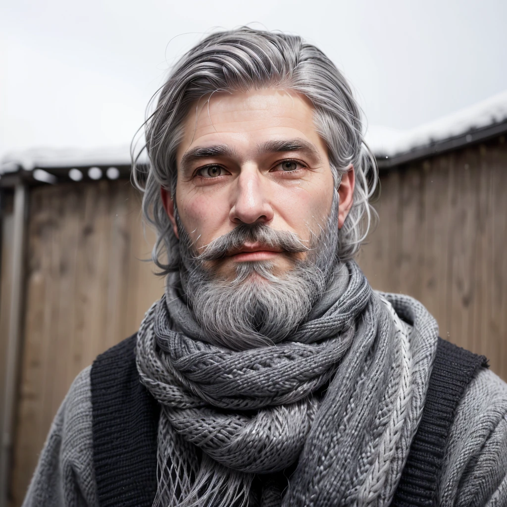 bushy man with beard and scarf, gray hair and beard, dark grey haired man, some grey hair in beard, short white beard, greybeard, silver hair and beard, he has a beard and graying hair, greybeard, well-groomed white beard and hair, white hair and beard, greybeard aparada, midle age man