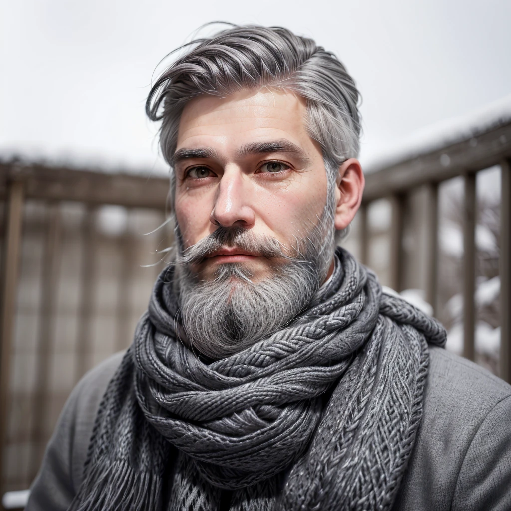 bushy man with beard and scarf, gray hair and beard, dark grey haired man, some grey hair in beard, short white beard, greybeard, silver hair and beard, he has a beard and graying hair, greybeard, well-groomed white beard and hair, white hair and beard, greybeard aparada, midle age man