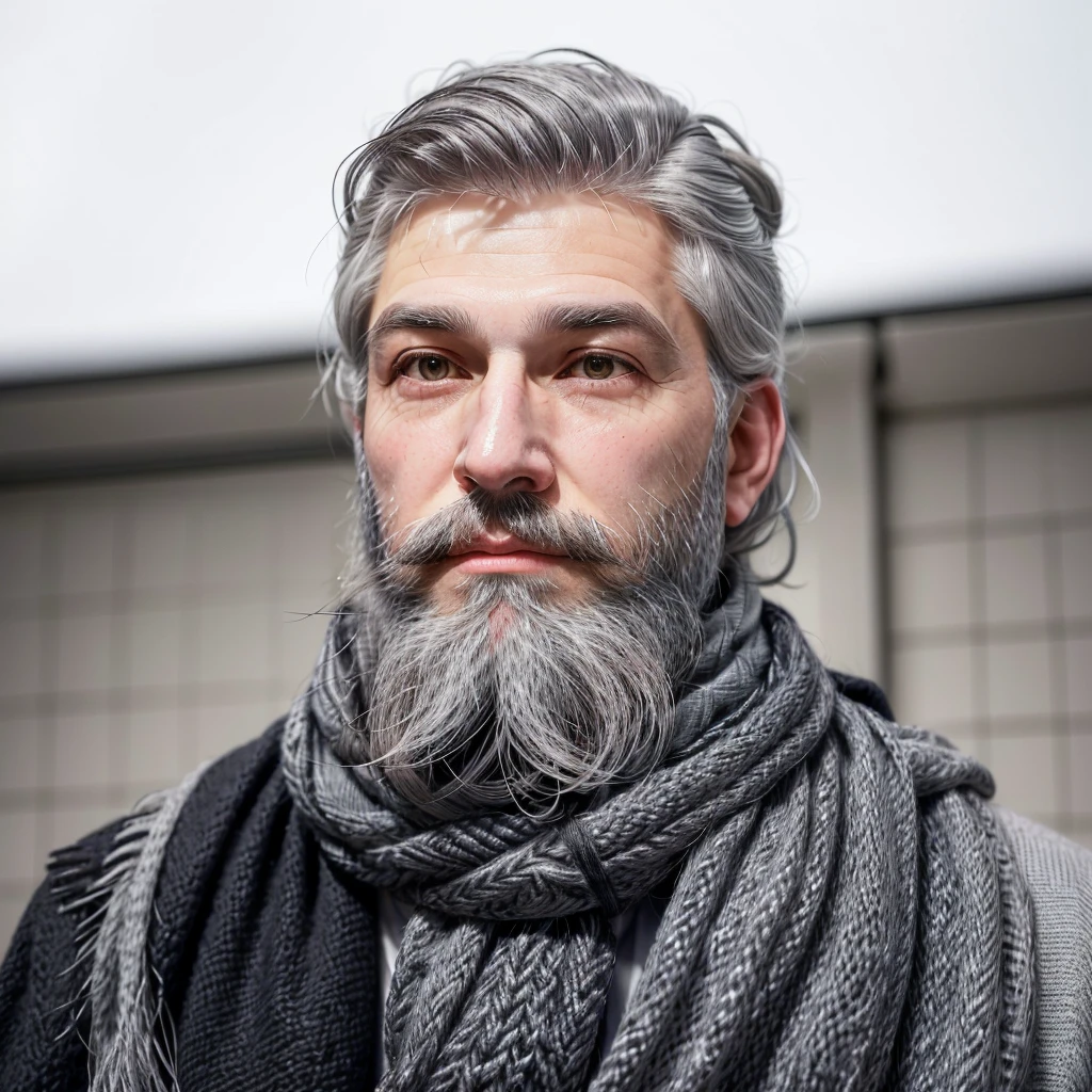 bushy man with beard and scarf, gray hair and beard, dark grey haired man, some grey hair in beard, short white beard, greybeard, silver hair and beard, he has a beard and graying hair, greybeard, well-groomed white beard and hair, white hair and beard, greybeard aparada, midle age man