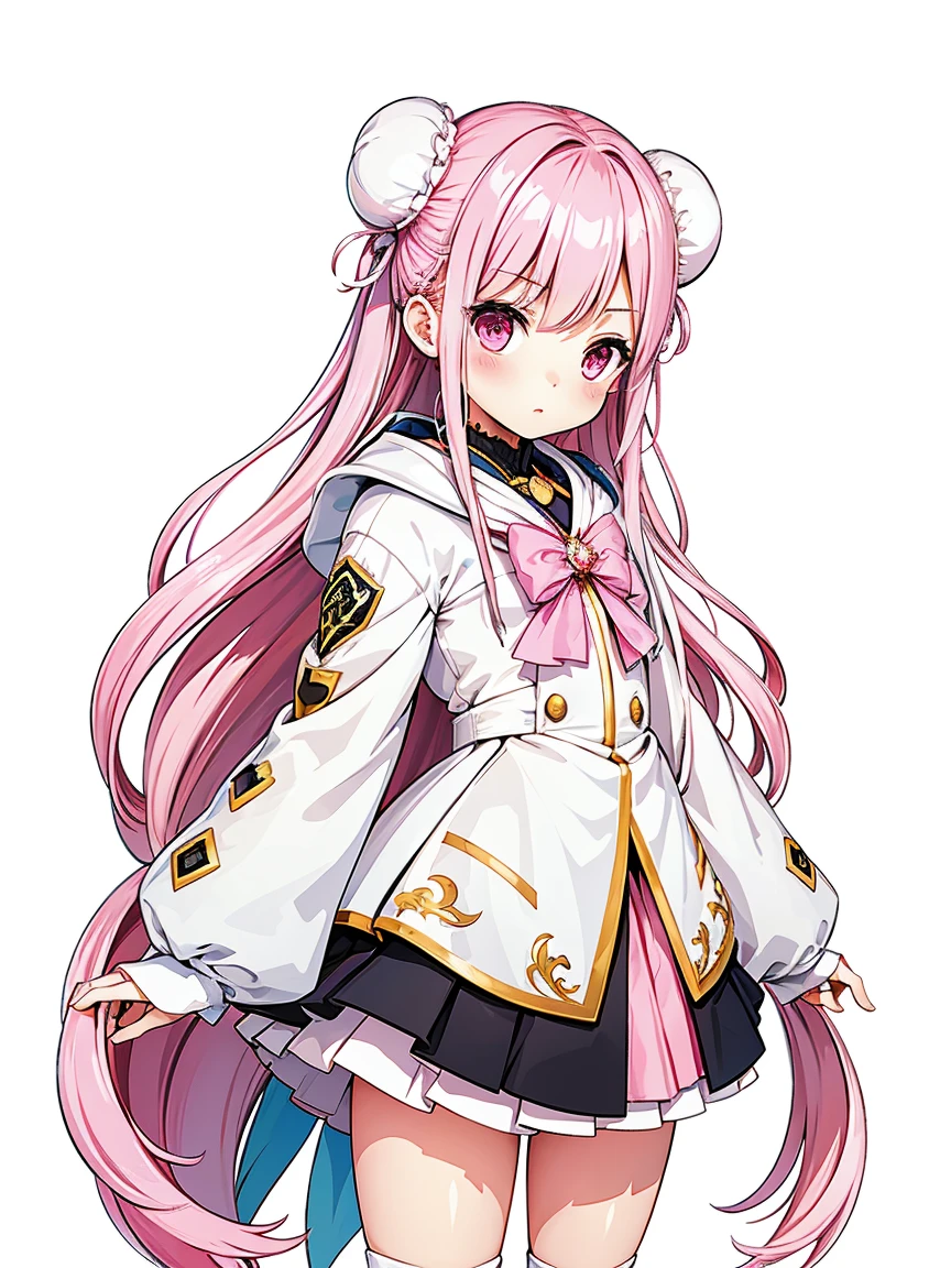 ((Stickers))，Stickers，1 Girl, With sword, White Background,Simple Background,Concept Art,Under Art，Anime Style，Dreamland Wonderland、Fantasy，masterpiece，High resolution，colorful，Detailed explanation，Seven Colors,(Highest quality,masterpiece, Complex,Super detailed,8K超High resolution,超High resolution，Very detailed)，{Detailed and beautiful eyes}, finely,  Detailed and beautiful eyes,1 Girl, (alone:1.5),  (Hair Ribbon:0.4), Pink Eyes,Cinematic Angles,perspective,(((White bun hair))),(((Long pink hair))),whole body,