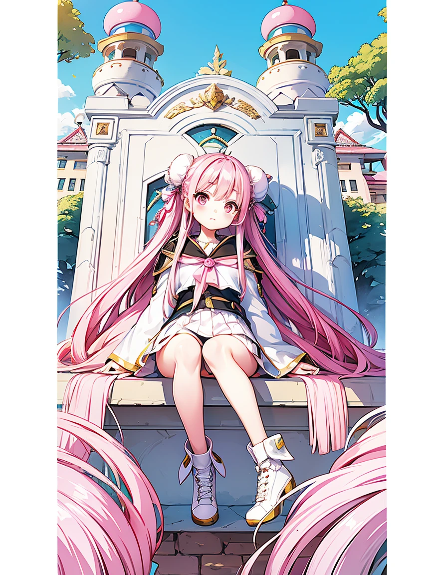 ((Stickers)),Stickers,1 Girl, With sword, White Background,Simple Background,Concept Art,Under Art,Anime Style,Dreamland Wonderland、Fantasy,masterpiece,High resolution,colorful,Detailed explanation,Seven Colors,(Highest quality,masterpiece, Complex,Super detailed,8K超High resolution,超High resolution,Very detailed),{Detailed and beautiful eyes}, finely, Detailed and beautiful eyes,1 Girl, (alone:1.5), (Hair Ribbon:0.4), Pink Eyes,Cinematic Angles,perspective,(((White bun hair))),(((Long pink hair))),whole body,