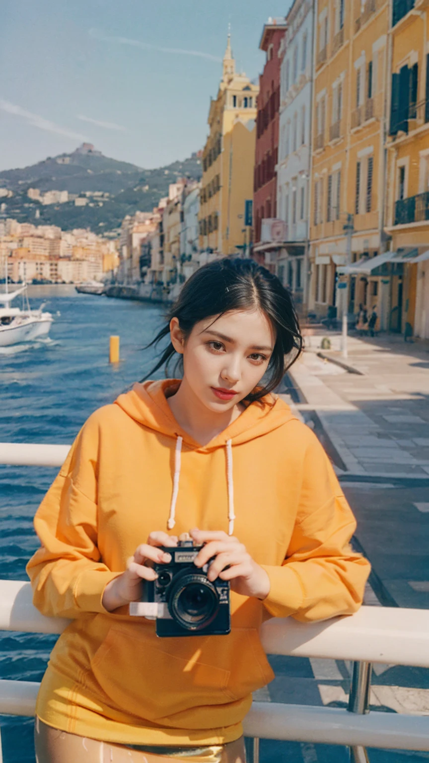 ((long shot photography)) ((best quality)), ((masterpiece)), (detailed),upper body,close-up, 8k, RAW photo,1 girl,smilie,real polaroid photo, beautiful, ultra-realistic,detail face ,light leak,dark intens shadow ,(black pixie hairstyles), almond eye, no makeup, (((blank oversized orange hoodie))), (yellow color skirt),the scene takes in front on a balcony overlooking the luxurious harbor of Monte Carlo with yachts docked against a backdrop of the iconic Casino de Monte-Carlo, (very detailed:1.1),(from below:1.2), (realistic:1.1), (surreal:1.2),palm trees,sunny,summer, blue sky