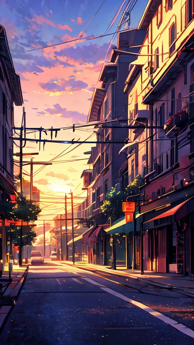 masterpiece, concept art, a painting of (electric poles:1.5) in a city street at sunset, a painting, by sylvain sarrailh, anime hi-fructose, telephone wires, gta art, warm sundown, beautiful iwakura, toon aesthetic, colorful house, connecting lines, anime screenshot, art », muffled colours, kawai, 2077, “ anime, bright: