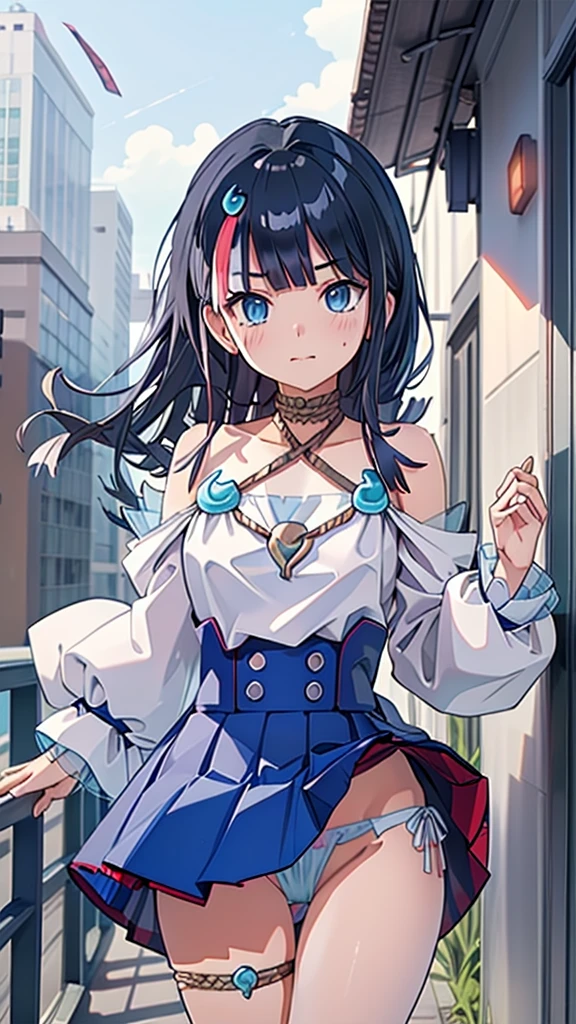 アングル、後ろから、Without skirt、Blue Panties、Panties in full view、In underwear、(masterpiece, best quality), 1girl, utsumiericeFA,long sleeves, bare shoulders, jewelry, puffy sleeves, necklace,, streaked hair, blue ribbon, puffy long sleeves,magatama,