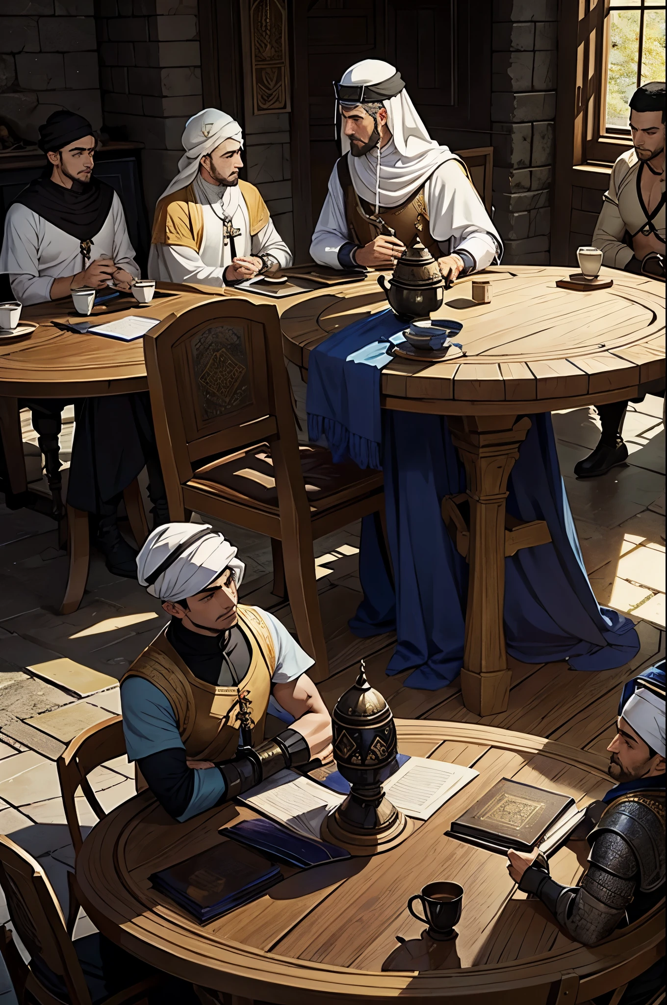 6 male, round table, warriors, medival, fantasy, islam, muslims