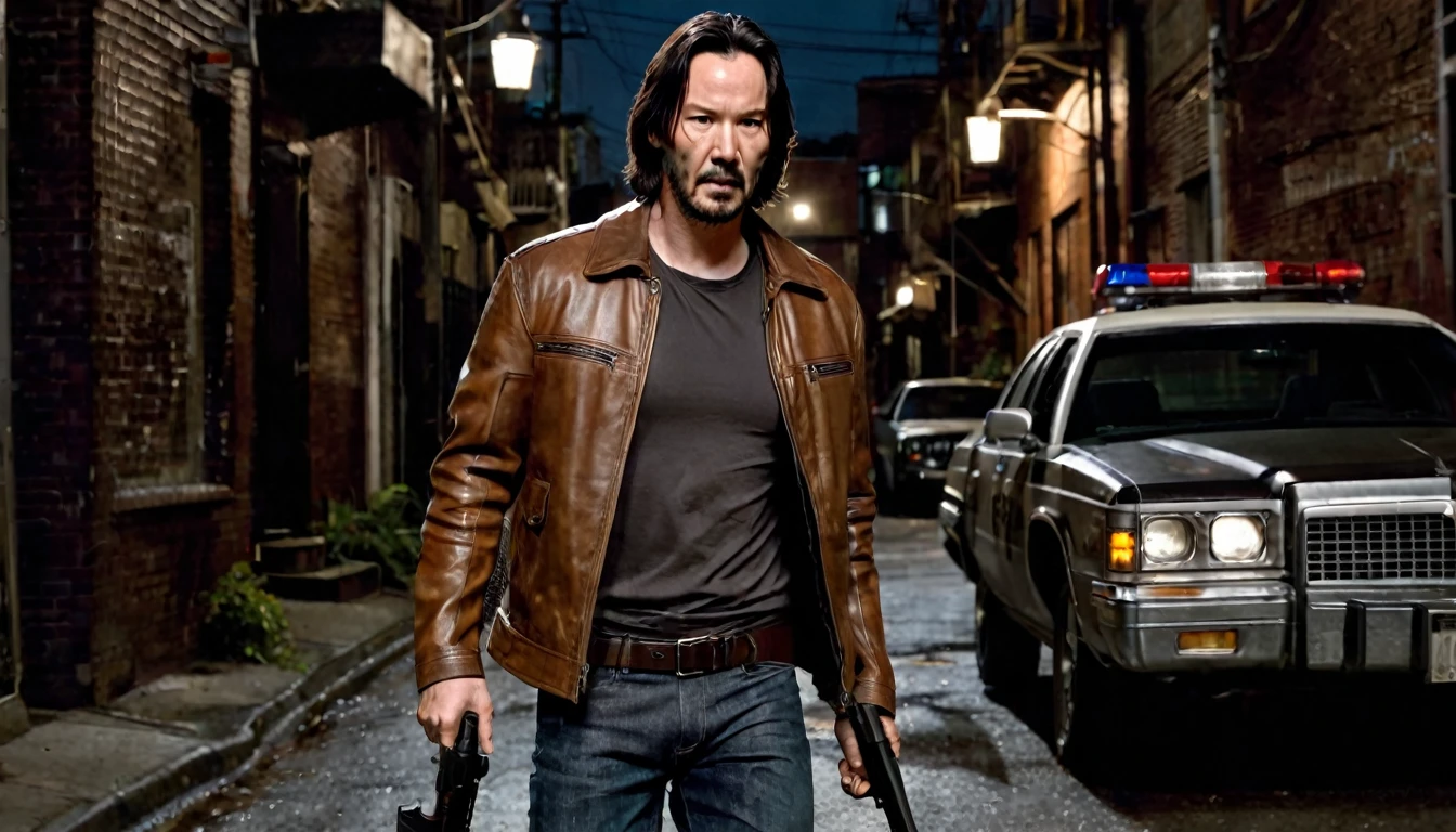 Keanu Reevs dressed in a light brown leather jacket and jeans, with a shotgun in his hand, walking through an alley at night, in the background a police car, hyperrealistic image, cinematographic, cinematography, dark lighting, NOIR image, very detailed , very focused, realistic movie poster style, dynamic shot, --chaos 10 --ar 6:5 --raw style --stylize 600