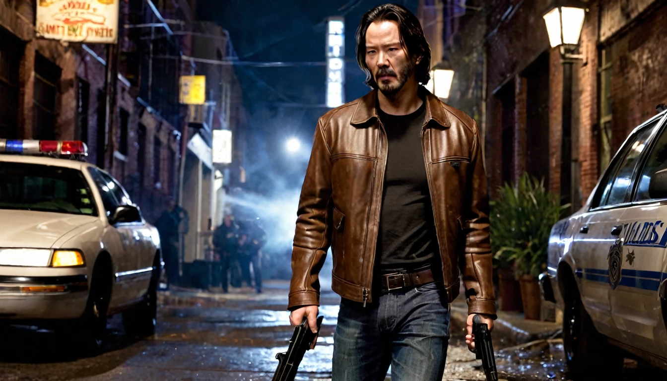 Keanu Reevs dressed in a light brown leather jacket and jeans, with a shotgun in his hand, walking through an alley at night, in the background a police car, hyperrealistic image, cinematographic, cinematography, dark lighting, NOIR image, very detailed , very focused, realistic movie poster style, dynamic shot, --chaos 10 --ar 6:5 --raw style --stylize 600