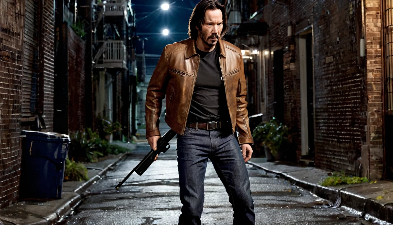 Keanu Reevs dressed in a light brown leather jacket and jeans, with a shotgun in his hand, walking through an alley at night, in the background a police car, hyperrealistic image, cinematographic, cinematography, dark lighting, NOIR image, very detailed , very focused, realistic movie poster style, dynamic shot, --chaos 10 --ar 6:5 --raw style --stylize 600