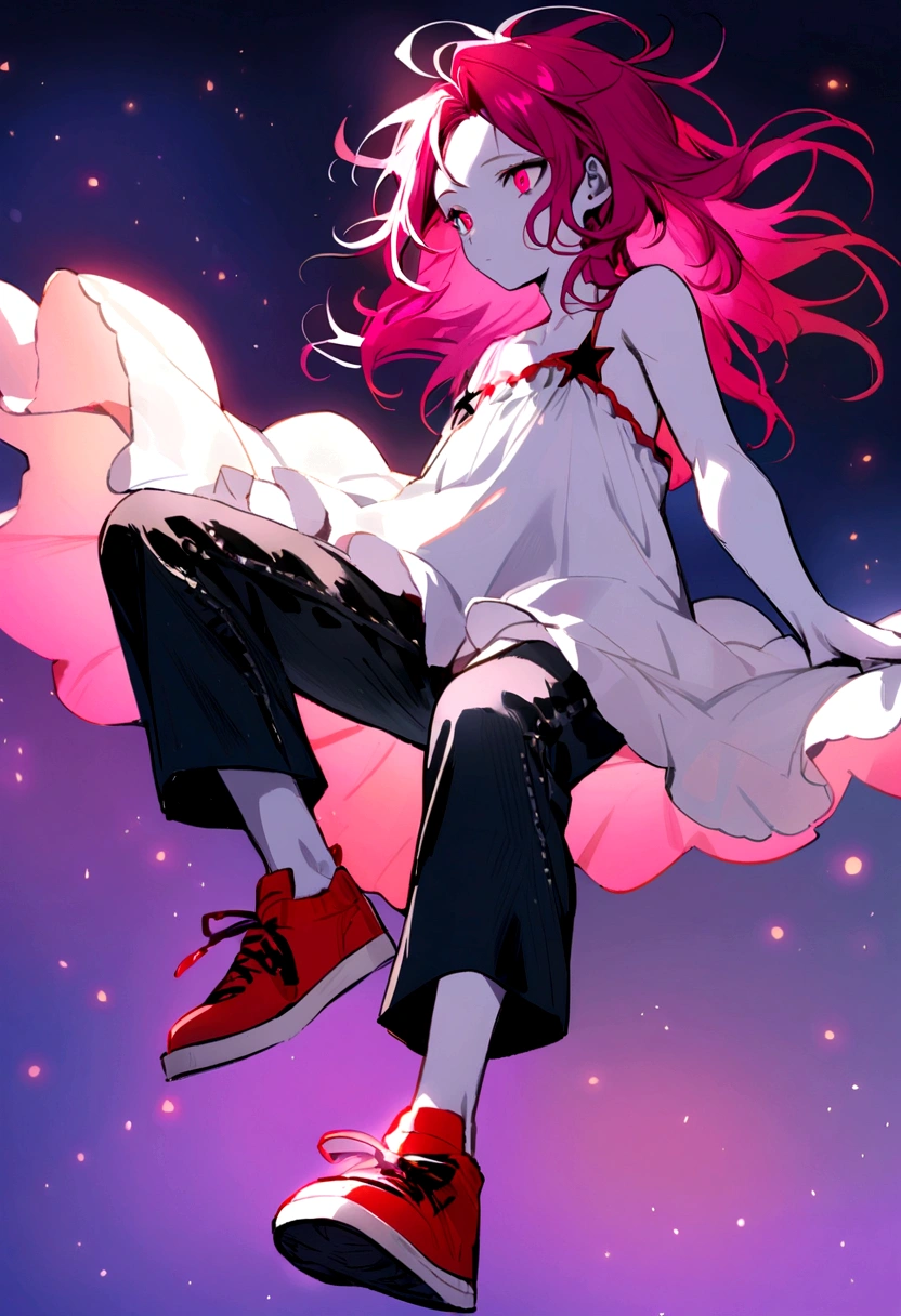 A boy with fuchsia hair with black tips and messy hair, pale skin, red red, white nightgown with a black star in the middle, Ankle-length jeans on the thighs have a star-shaped cut and red sneakers.