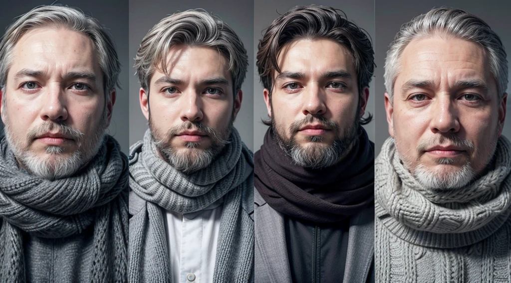 bushy man with a beard and scarf, gray hair and beard, 53 years old man with dark gray hair, some gray hair in his beard, short white beard, Gray beard, silver hair and beard, he has a beard and gray hair, gray beard , well-groomed white beard and hair, white hair and beard, trimmed gray beard, middle-aged man various poses in each frame and different clothes